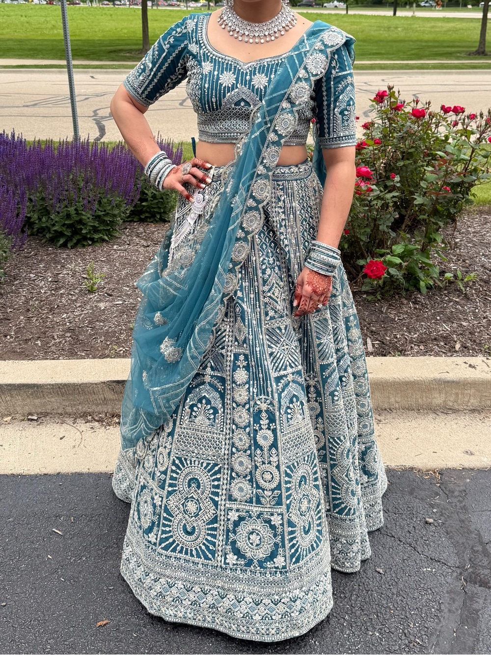 Teal Embroidered Lehenga Set - Women's Formal Dress
